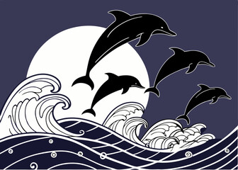 Dolphins Leaping Over Waves Under a Full Moon in a Stylized Illustration stylized