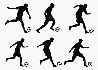 Six Soccer Player Silhouettes Dribbling and Kicking a Soccer Ball on a White Background