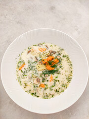 Creamy mushroom soup garnished with fresh dill in white bowl copy space
