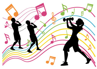 Silhouette People Exercising with Music Notes and Colorful Wavy Lines Background