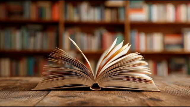 An open book rests on a rustic wooden table. Pages turn gently, exposing intriguing text in a cozy library filled with countless books. Sunlight creates a warm atmosphere