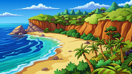 Wild untouched beach bordered by dense jungle cliffs vector cartoon, perfect for tropical paradise themes, adventure travel designs, and exotic nature scenes