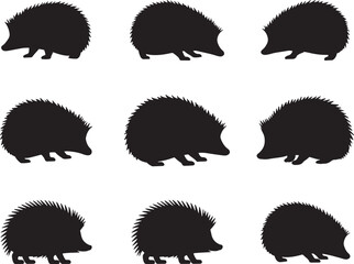 Collection of Black Hedgehog Silhouettes on white background
