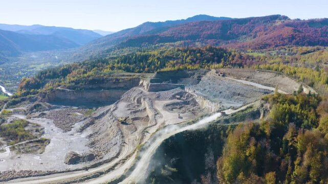 autumn, drone, flight, aviation, aerial, mina, destruction, resource, exploitation, road, limestone quarry, stone quarry, land, ecology, excavating, exploiting, stones, excavators, rock, europe, mine,