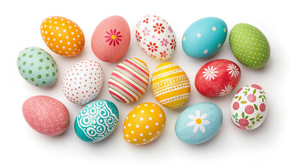 Collection of vibrantly decorated easter eggs with various patterns and colors on white background