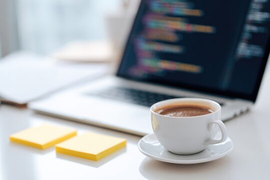 flat-lay of laptop keyboard javascript book coffee cup and sticky notes with code snippets on white desk