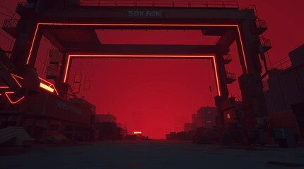 Neon Industrial Gateway with Loading Sign in Atmospheric Red Fog, Streaming Screen  - Powered by Adobe