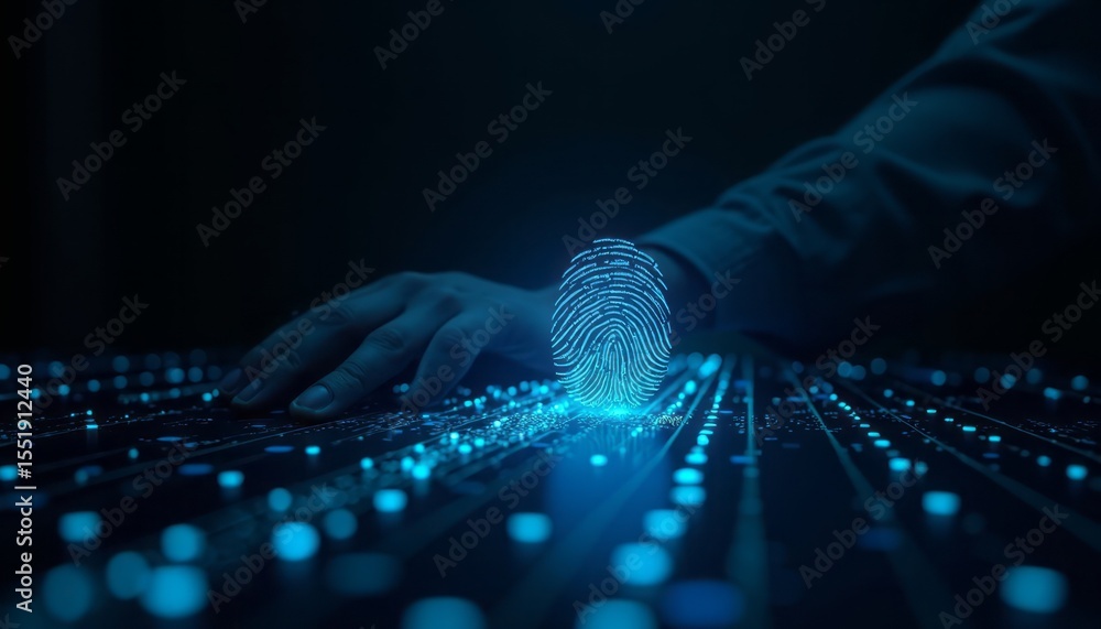 Poster futuristic digital fingerprint authentication with hand touching a glowing circuit board