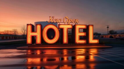 Retro-style neon hotel sign glows orange with “Now Open” text during sunset, reflecting on wet pavement for nostalgic vibe. - Powered by Adobe
