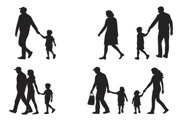 Family Silhouette Collection: A set of simple yet elegant silhouettes depicts family members, walking hand-in-hand, signifying togetherness and familial bonds. Capturing the essence of love and unity.