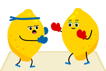 Cute Lemon character makes fighting in boxing gloves. Lemon are engaged in boxing sports.