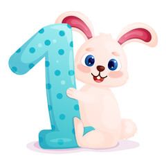 Cartoon bunny character holding number one for first birthday greeting card design. Kids birthday invitation element with adorable rabbit.