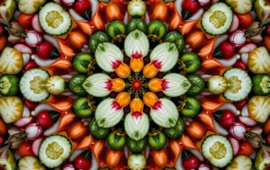 Vibrant Mandala Composed of Sliced Vegetables and Fruits