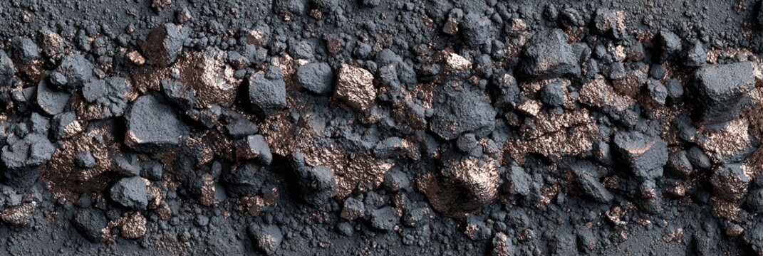 Asteroid surface covered with fragmented dust particles and metallic mineral grains in a detailed macro texture