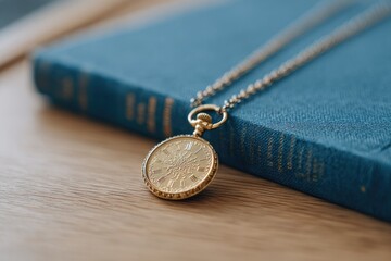 flat-lay of nobel prize medal replica historical laureate books and vintage pocket watch on wooden desk