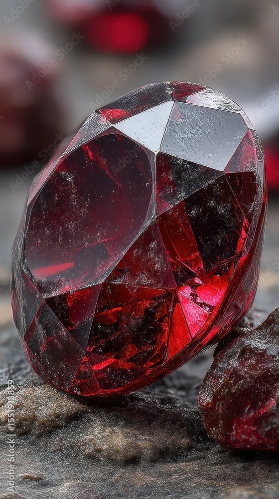 Poster exquisite red gemstone captured in sharp detail on a textured surface with soft reflections creating