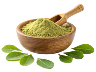 Moringa powder in a wooden bowl with moringa leaves  isolated on white background. Suitable for marketing or business purposes. PNG file