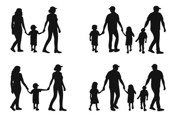 Obraz premium Family Silhouettes: A collection of four diverse family silhouettes, depicting parents and children holding hands and walking together.