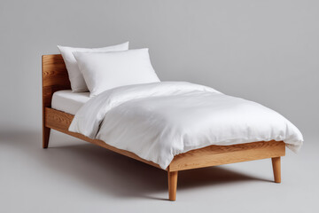 Simple Wooden Bed Frame with Linen Bedding: A minimalist single bed with a light oak wood frame and crisp white linen bedding, exuding serenity and understated elegance.