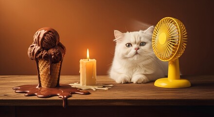 White fluffy cat sitting near melting chocolate ice cream, candle and yellow fan. Concept of heat, comfort and domestic summer scene.
