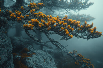 Obraz premium Yellow flowers blooming on a branch.