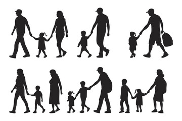 Obraz premium Family Silhouette: A series of silhouettes depicting families, walking hand-in-hand, captures the essence of familial bonds, and conveys a sense of unity.