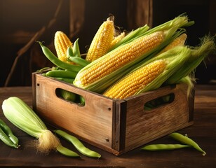 Freshly Picked Corn and Beans in Wooden Crate on Rustic Surface