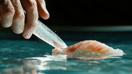 A close-up of a hand slicing fresh sushi-grade fish with a sharp knife on a reflective surface.