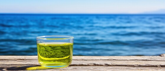 Refreshing Green Drink by the Sea on a Bright Sunny Day