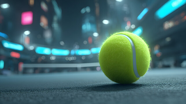 Digital Tennis Ball on Court, Symbolizing Technology Integration and Sports Innovation in the Modern Era of Athletic Performance and Technological Advancement : Generative AI