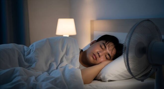 Asian man sleeping under fan at night in warm room. Concept of heat relief, summer nights and bedroom ventilation for deep sleep.