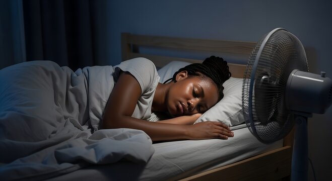 Young woman sleeping peacefully at night with fan blowing air. Concept of summer heat, nighttime cooling and bedroom comfort during hot weather.