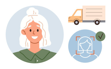 Woman smiling in portrait frame, delivery truck for logistics, and face recognition check mark. Ideal for identity verification, logistics, technology, security, shipment AI professional use. A