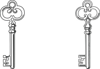 Detailed Outline of Two Antique Keys with Ornate Scrollwork Design Elements