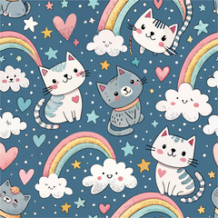 Kawaii LGBTQ+ Cats Rainbow Hearts, Stars, and Clouds Seamless Pattern