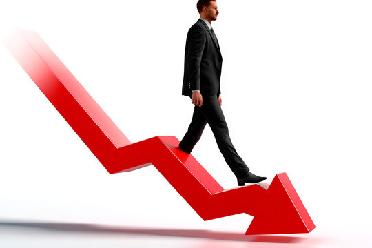 Businessman in black suit walking downward on a large red arrow symbolizing economic decline, financial downturn or loss in profits