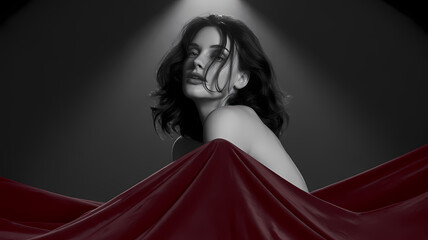Young woman posing with red fabric in dramatic black and white  
