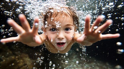 Fototapeta premium A young child swims underwater, reaching forward with bubbles surrounding their face and hands.