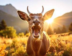 Professional wildlife photography of a single wild animal showing funny behavior, natural background