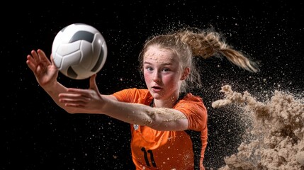 A determined female beach volleyball player dives to hit the ball, sand flying around her against a black background.