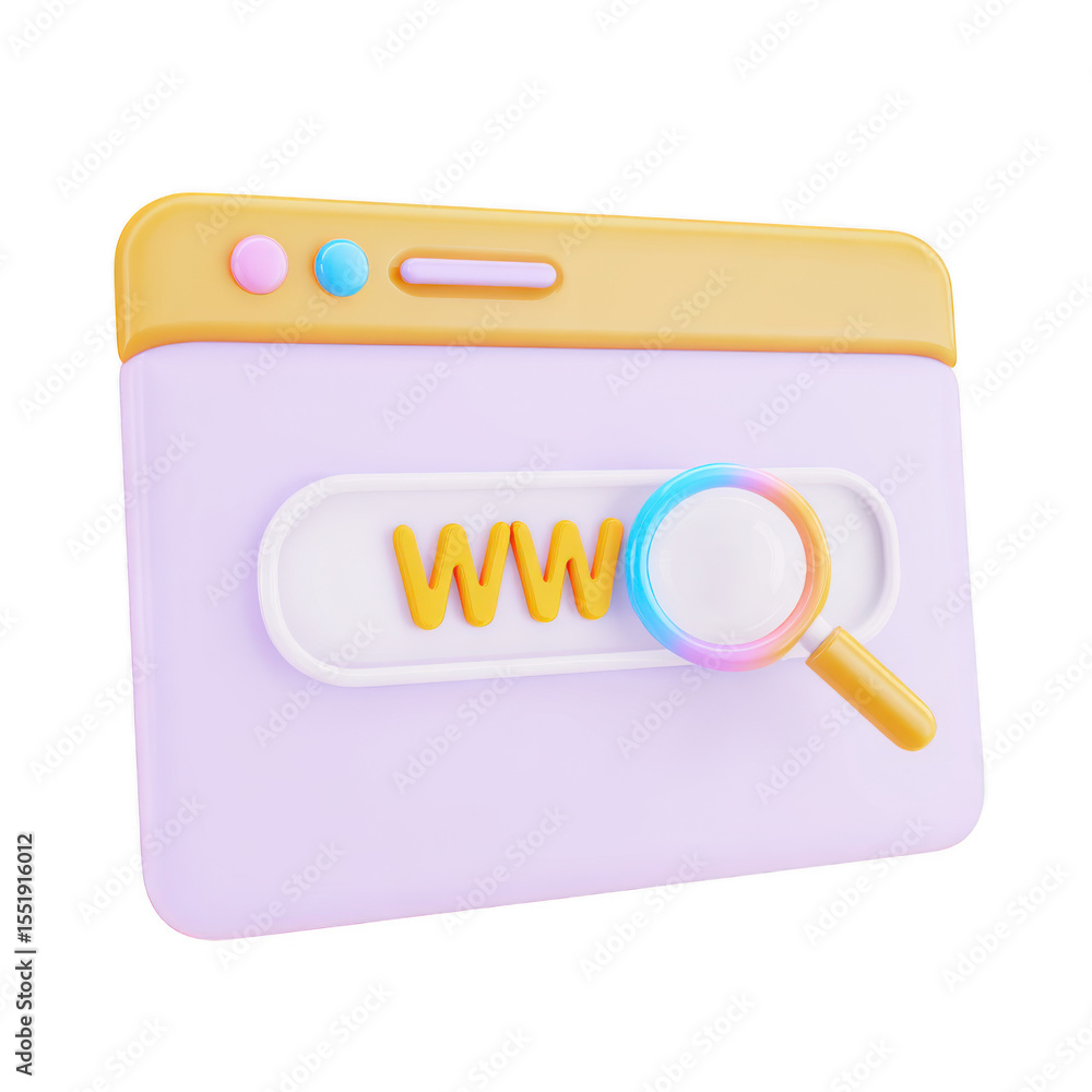 Poster 3d illustration of a stylized web browser window with a magnifying glass searching the internet isol