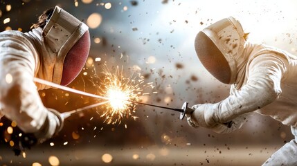 Two fencers in protective gear clash swords, creating sparks during an intense fencing duel.