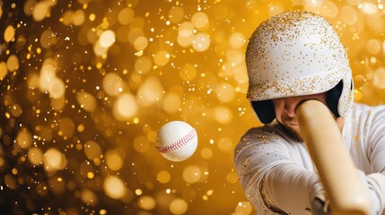 A baseball player in a sparkling uniform swings a bat at a baseball, surrounded by glowing golden particles.