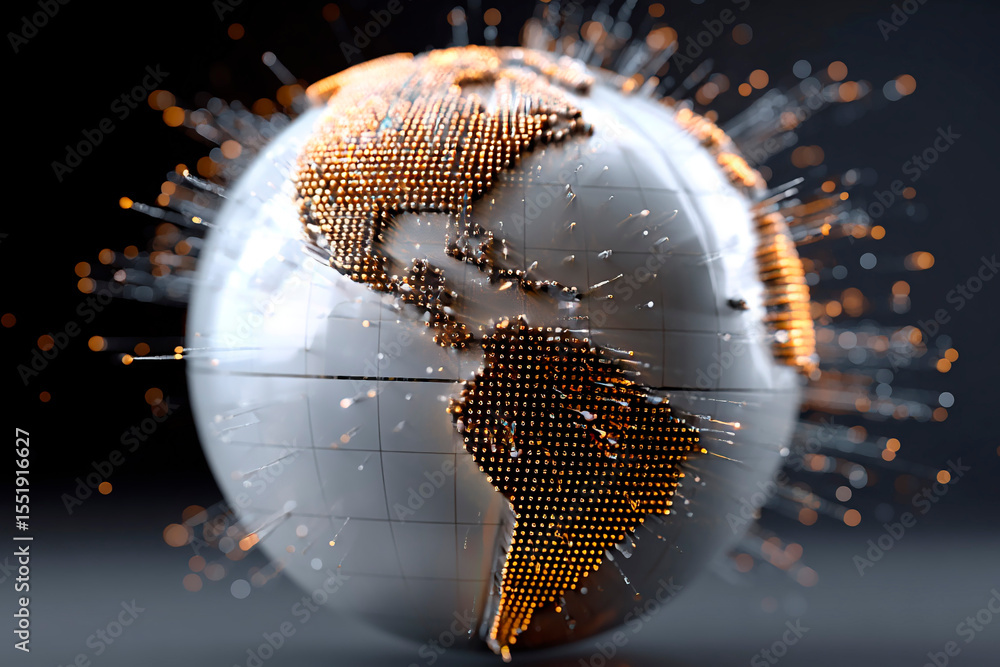 Poster futuristic digital earth with glowing orange points and lines representing global data flow and tech