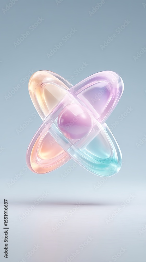 Poster abstract pastel atom structure: 3d render of translucent orbs