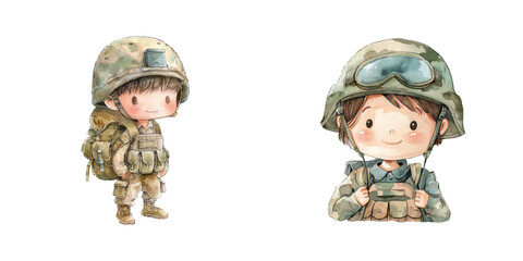 cute kid army watercolor vector illustration