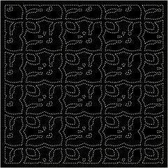 Black background with figures from dots . Black and white pattern for web page, textures, card, poster, fabric, textile. Repeating design.