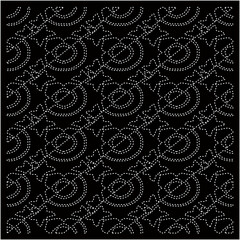 Black background with figures from dots . Black and white pattern for web page, textures, card, poster, fabric, textile. Repeating design.