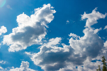 Dense white cumulus clouds on blue sky