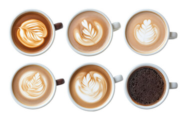 Collection of cups of coffee with artistic latte art, viewed from above, arranged in two neat rows on a white background